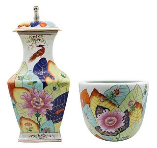 Set of Tobacco Leaf Design Porcelain Jar & Bowl