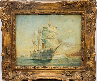 Antique Oil on Board Ship Painting