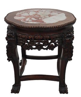 Chinese Hardwood Carved Stool w Marble Insert
