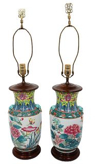 Pair of Chinese Hand Painted Vases Mounted Lamps