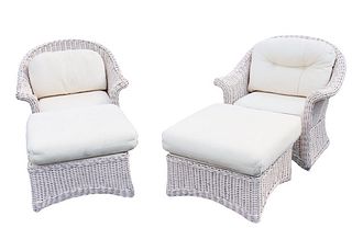 Pair of Wicker Chairs and Ottomans