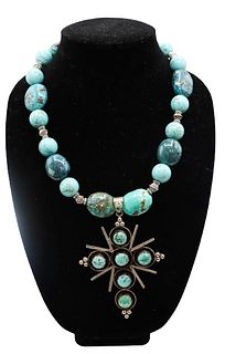 Sterling Turquoise Beaded Necklace w Cross Pendant