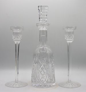 (2) Crystal Candlesticks and (1) Crystal Decanter
