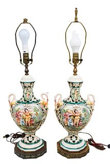 Pair of Capidomonte Porcelain Lamps, Urn Form