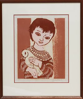 Girl with Dove, Signed Woodblock Print