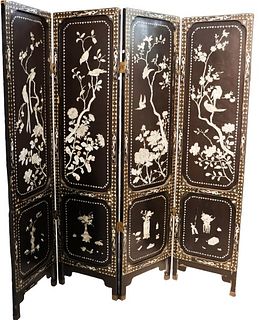 Wooden Oriental Screen with Mother of Pearl Inlay