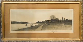 Horizontal Framed Canal Landscape, Signed Etching