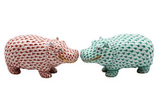 Pair of Herend Hungary Porcelain Hippo Figurines