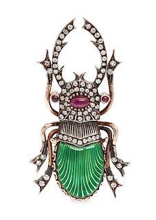 A Silver Topped Gold, Diamond, Ruby and Enamel Beetle Brooch, Russian, 12.60 dwts.