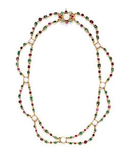 * A Yellow Gold, Pearl, Emerald, and Ruby Swag Necklace, Slovakian, 39.20 dwts.