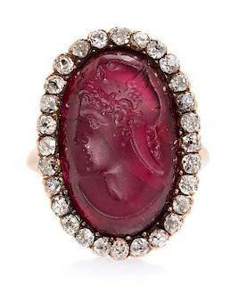 * A Victorian Rose Gold, Amethyst Intaglio and Diamond Ring, 3.80 dwts.