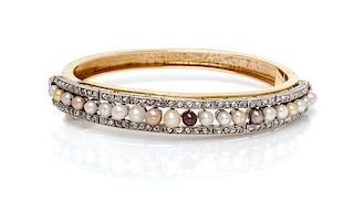 * A Yellow Gold, Platinum, Multicolor Pearl and Diamond Bangle Bracelet, 33.80 dwts.
