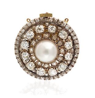 * A Silver Topped Gold, Diamond and Cultured Pearl Clasp, 19.10 dwts.