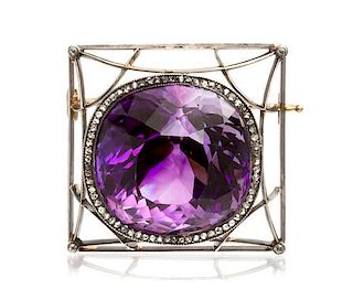 * A Silver Topped Gold, Amethyst and Diamond Brooch, August Hollming for Fabergé, Circa 1905, 22.20 dwts.