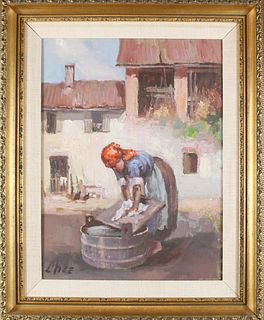 Signed Oil, Woman Washing Clothes