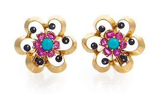 A Pair of Yellow Gold, Turquoise, Pink Sapphire and Sapphire Earclips, Cartier, 8.50 dwts.