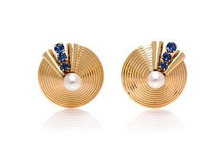 A Pair of Retro 14 Karat Yellow Gold, Sapphire and Cultured Pearl Earclips, 7.20 dwts.