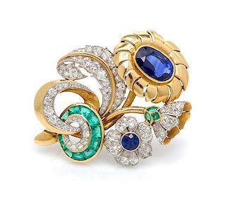 A Platinum, Yellow Gold, Burmese Sapphire, Emerald and Diamond Brooch, Raymond Yard,