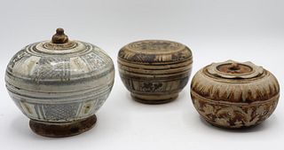 Group of (3) Thai Sawankhalok Ceramic Lidded Jars