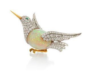 A Platinum, Gold, Opal and Diamond Hummingbird Brooch, Raymond Yard, 13.50 dwts.