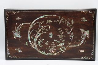 Antique Chinese Lacquer Box, Mother of Pearl Inlay