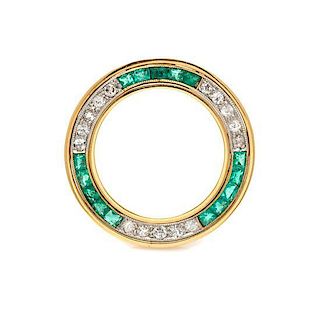A Yellow Gold, Platinum, Emerald and Diamond Circle Brooch, French, 3.60 dwts.