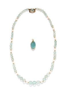 * A Single Strand Graduated Aquamarine, Gold, and Pearl Necklace with Portrait Miniature Clasp and Detachable Pendant,