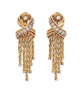 * A Pair of Yellow Gold and Diamond Fringe Earclips, 11.50 dwts.