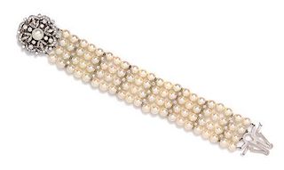 A Platinum, White Gold, Cultured Pearl and Diamond Multistrand Bracelet, 36.80 dwts.