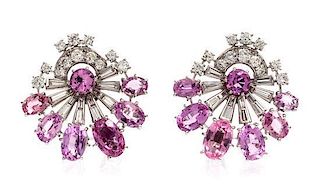 * A Pair of Platinum, Pink Topaz, Diamond and Multi Gem Earclips, Circa 1945, 17.20 dwts.