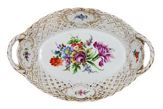 European Porcelain Floral Basket Reticulated