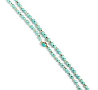 * A Graduated Single Strand Yellow Gold and Turquoise Bead Necklace,