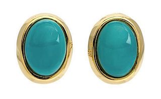* A Pair of 18 Karat Yellow Gold and Turquoise Earclips, Cellino, 6.30 dwts.