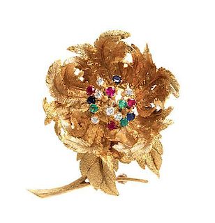 An 18 Karat Yellow Gold, Diamond, Sapphire, Ruby, and Emerald Articulated En Tremblant Flower Brooch, Hammerman Brothers, 19.90