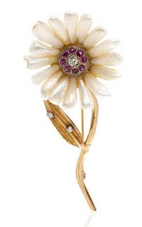 * A Yellow Gold, Cultured Pearl, Diamond and Ruby Daisy Brooch, 11.65 dwts.