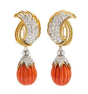 A Pair of 18 Karat Yellow Gold, Platinum, and Diamond Earclips with Detachable Coral Pendants, Circa 1960, 16.80 dwts.