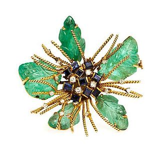 A Yellow Gold, Emerald, Sapphire and Diamond Brooch, Circa 1960's, 9.20 dwts.