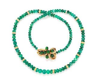 * A Graduated Single Strand Emerald Bead, Gold and Diamond Necklace with Gold, Diamond and Jade Clasp,