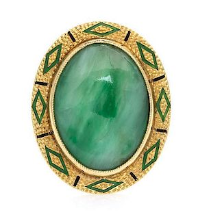 * A Yellow Gold, Jadeite Jade and Polychrome Enamel Ring, 5.10 dwts.