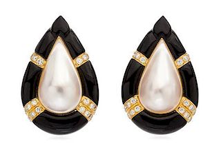 * A Pair of 18 Karat Yellow Gold, Mabe Pearl, Onyx and Diamond Earclips, 18.80 dwts.