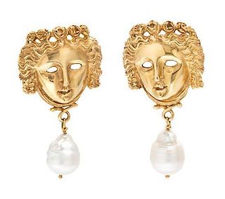 * A Pair of 18 Karat Yellow Gold and Cultured South Sea Earclips, Tony Duquette, 20.00 dwts.