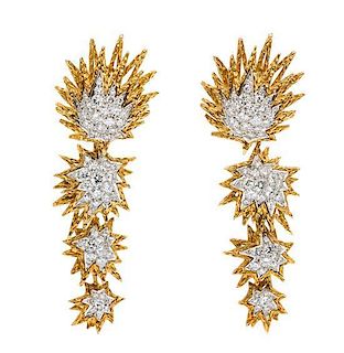 A Pair of 18 Karat Yellow Gold, Platinum and Diamond Earclips with Detachable Pendants, 19.60 dwts.