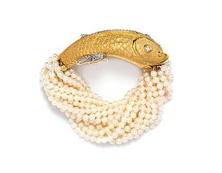 A Two Tone Gold, Diamond and Cultured Pearl Torsade Bracelet, 45.40 dwts.