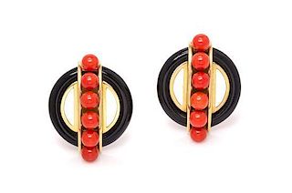 * A Pair of 18 Karat Yellow Gold, Onyx and Coral Earclips, Circa 1975, 35.60 dwts.