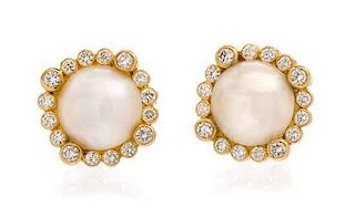 A Pair of 18 Karat Yellow Gold, Mabe Pearl and Diamond Earclips, 8.80 dwts.