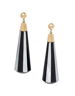 A Pair of Yellow Gold, Onyx and Mother-of-Pearl Drop Earrings, 11.40 dwts.