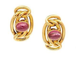 A Pair of 18 Karat Yellow Gold and Pink Tourmaline Earclips, Germany, 14.90 dwts.