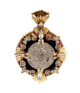 * A Yellow Gold, Onyx, Diamond and Colored Diamond Coin Pendant, 20.30 dwts.