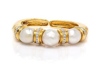 An 18 Karat Yellow Gold, Cultured Baroque Pearl and Diamond Cuff Bangle, 45.20 dwts.
