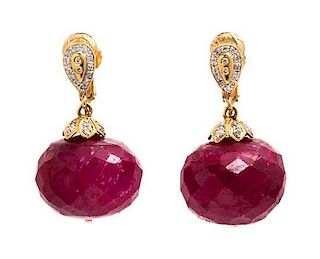 * A Pair of Yellow Gold, Ruby and Diamond Earclips, Cristina Ferrare, 18.50 dwts.